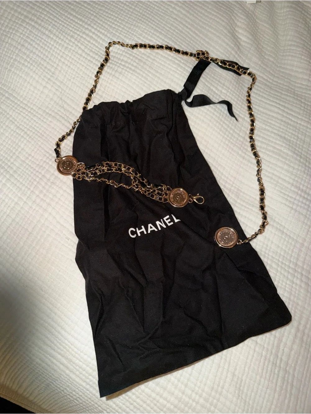 CHANEL Gold and Black Chain Crossbody Strap with Medallion Accents